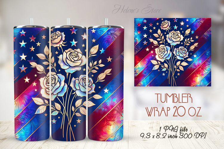 USA Patriotic tumbler wrap 20oz |Fourth of July rose flowers