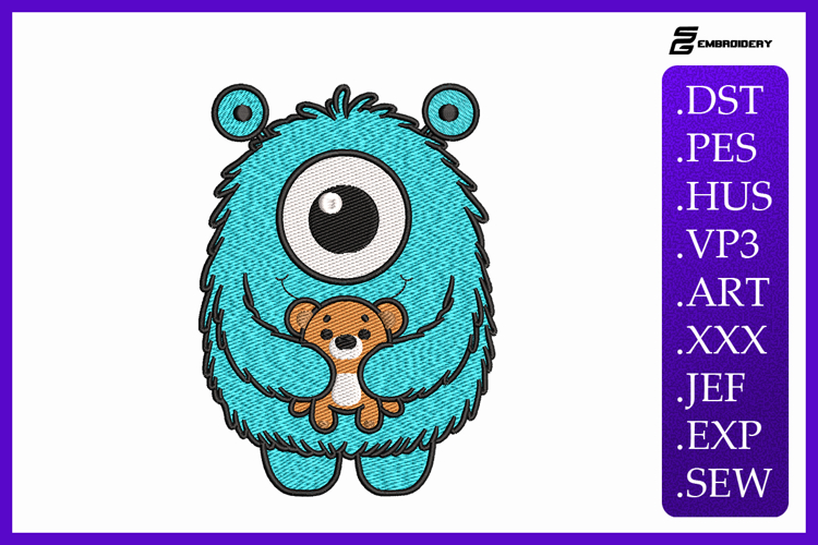 Cute Monster With Teddy Bear Embroidery Designs example image 1