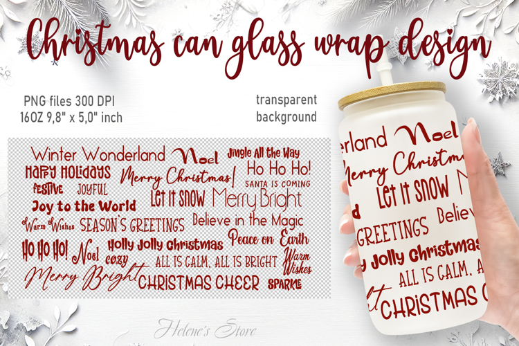 Merry Christmas quotes pattern design can glass wrap 16oz