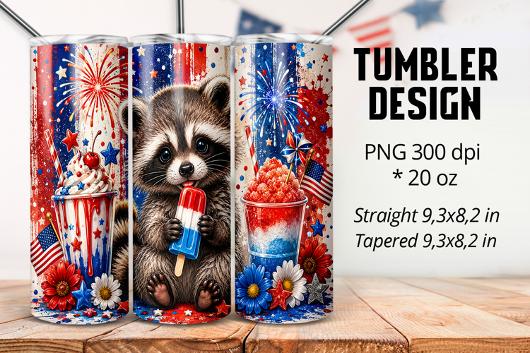 Patriotic Raccoon 20oz Tumbler Wrap PNG example image 1