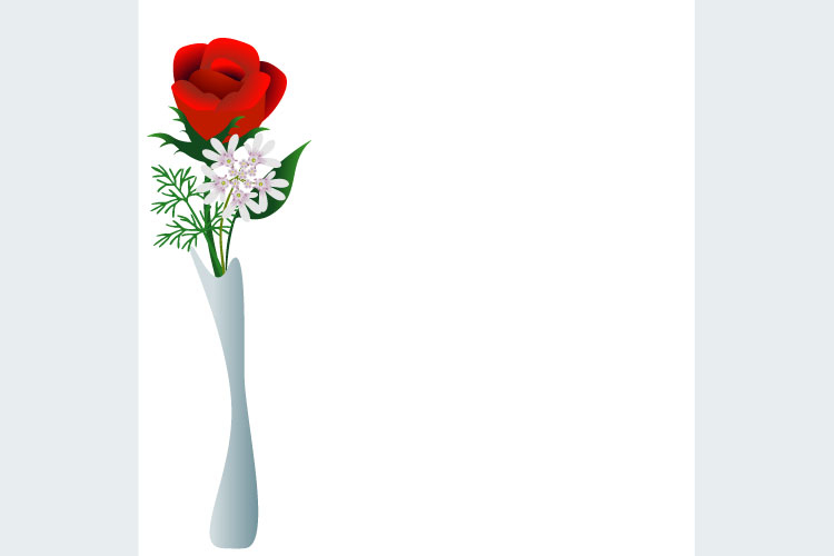 Floral background with red rose in vase and leaves.