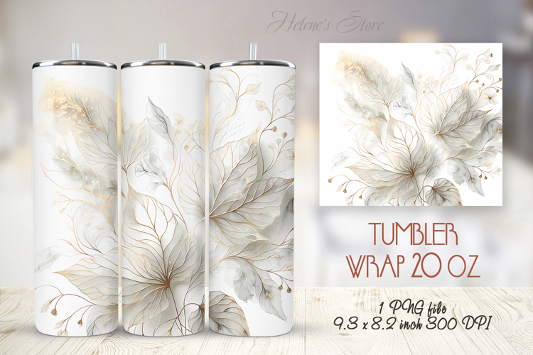 Gold watercolor leaves straight tumbler 20oz wrap designs