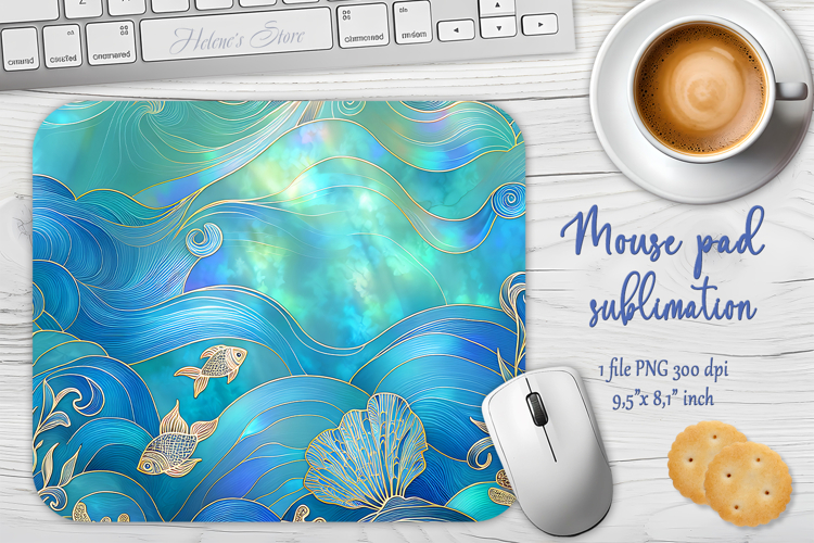 Iridescent blue ocean sublimation design mouse pad