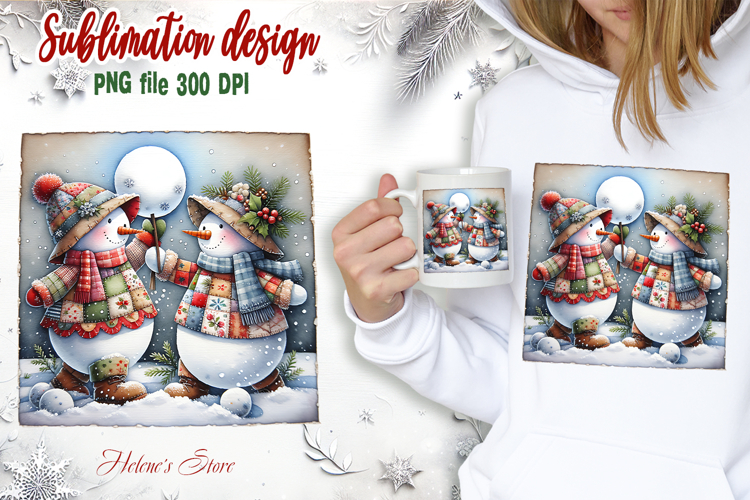 Cute two snowmen clipart|Retro patchwork t shirt designs png