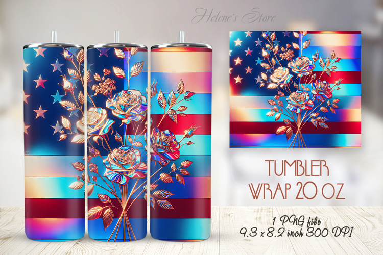 USA Patriotic tumbler wrap 20oz |Fourth of July rose flowers