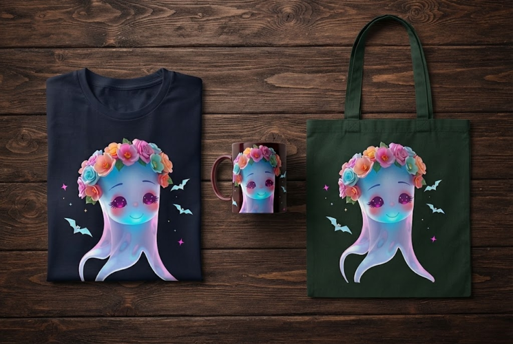 Pastel Kawaii Ghost PNG with Flowers, Bats & Sparkles