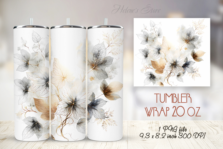 Gold watercolor leaves straight tumbler 20oz wrap designs