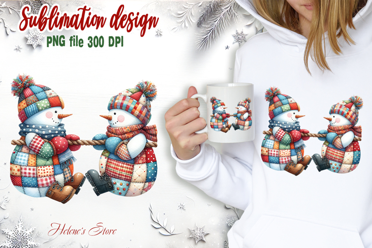 Cute two snowmen clipart|Retro patchwork t shirt designs png
