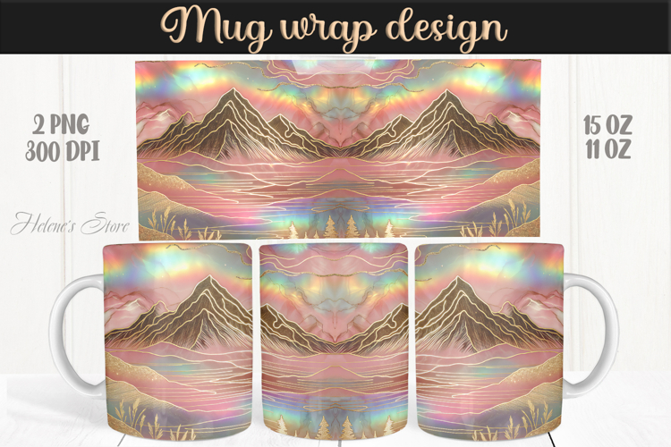 Fantasy mountains iridescent design mug wrap 15oz 11oz png