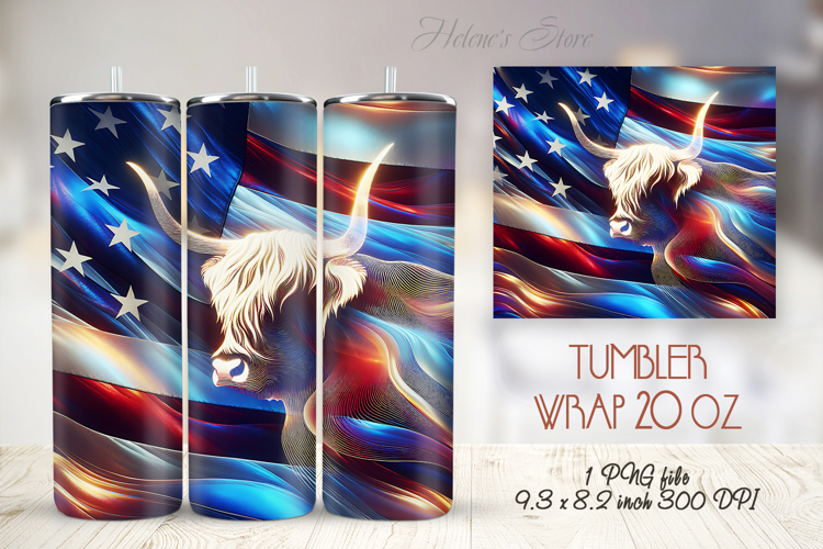 USA Fourth of July tumbler wrap 20oz |Patriotic Highland cow