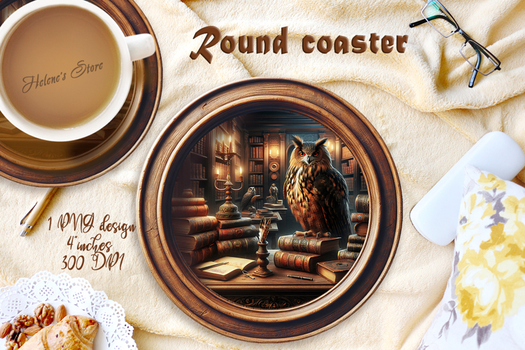 Owl in wood vintage library round coaster sublimation png