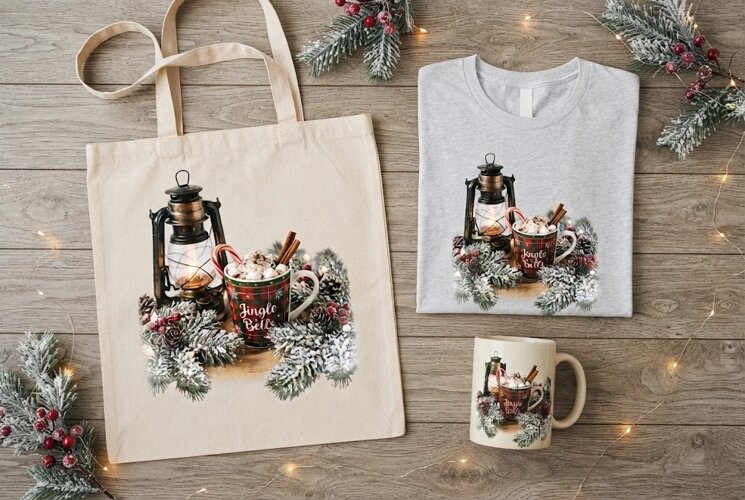 Jingle Bells Christmas Hot Cocoa Mug Lantern Art example image 1