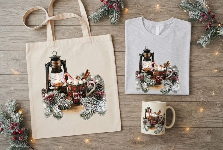 Jingle Bells Christmas Hot Cocoa Mug Lantern Art