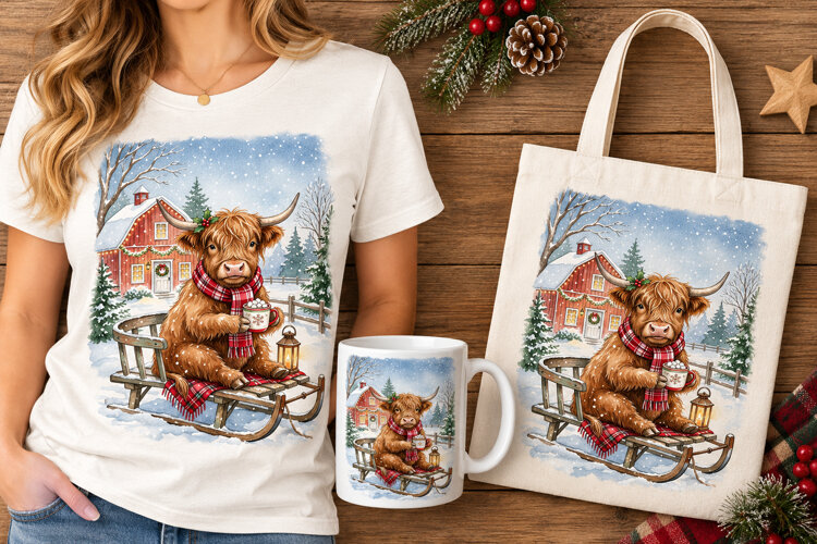 Highland Cow Sled Hot Cocoa Winter Watercolor Art example image 1