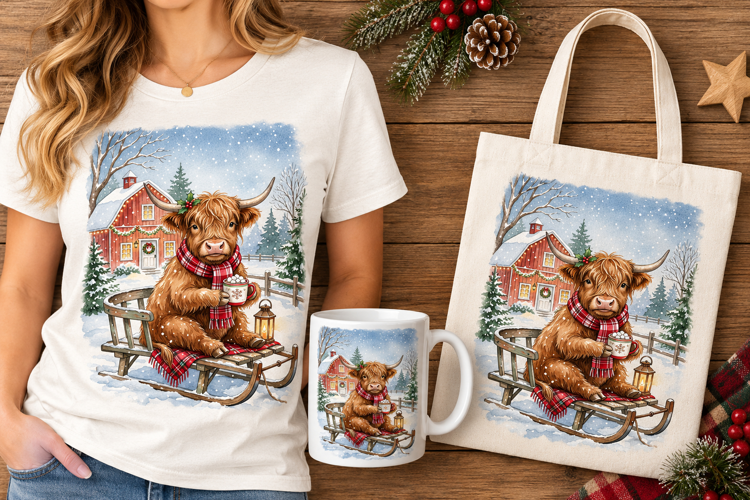 Highland Cow Sled Hot Cocoa Winter Watercolor Art