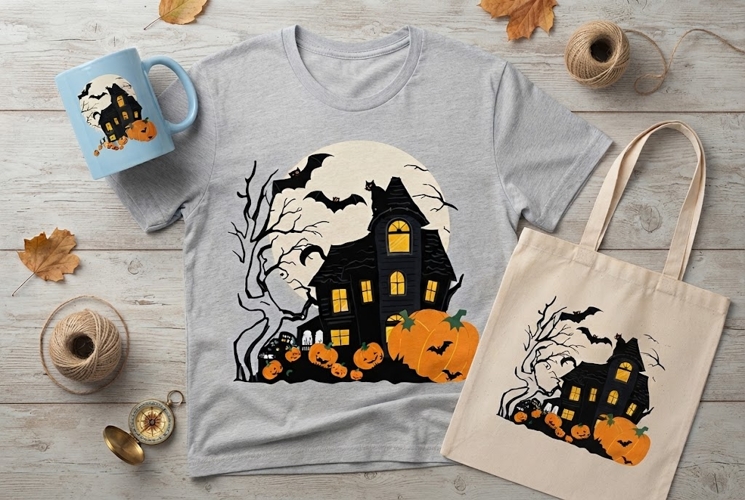 Halloween Haunted House PNG | Black Cat & Pumpkin Clipart