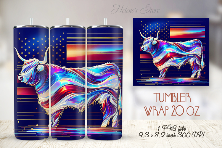 USA Fourth of July tumbler wrap 20oz |Patriotic Highland cow