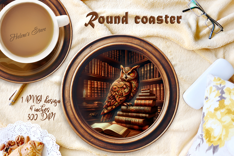 Owl in wood vintage library round coaster sublimation png