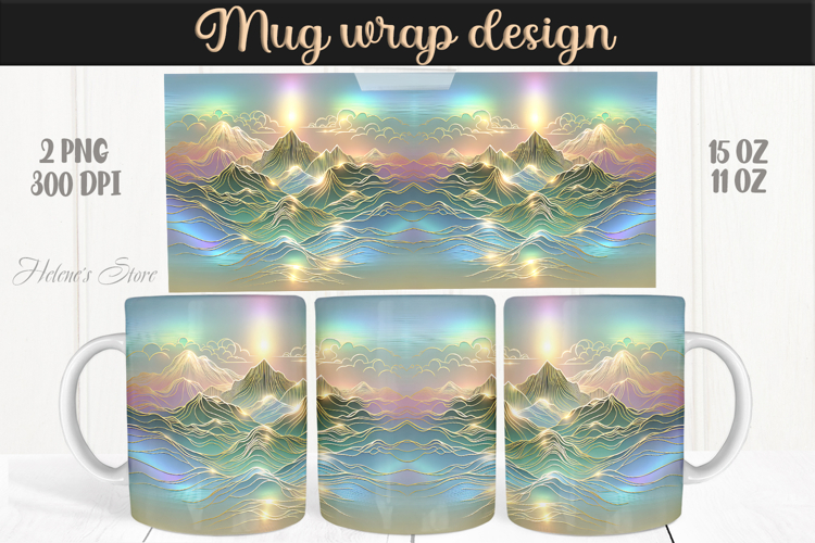 Fantasy mountains iridescent design mug wrap 15oz 11oz png