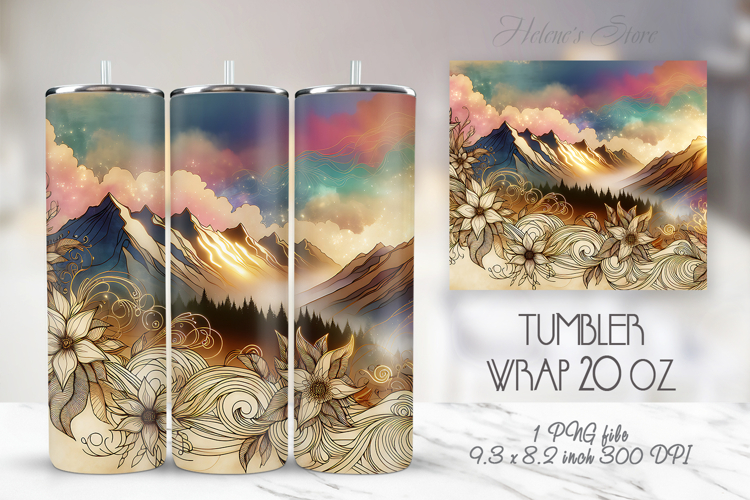 Pastel Mountains flowers straight skinny tumbler 20 oz wrap