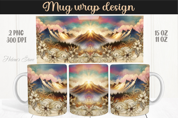 Fantasy mountains iridescent design mug wrap 15oz 11oz png