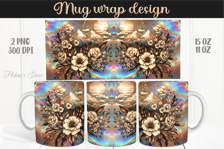 Fantasy mountains iridescent design mug wrap 15oz 11oz png