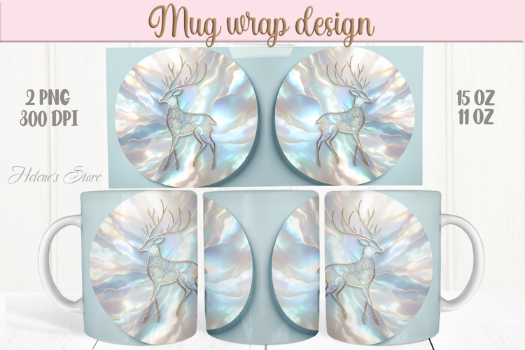 Pastel Christmas deer mug wrap png |Blue & gold mug design