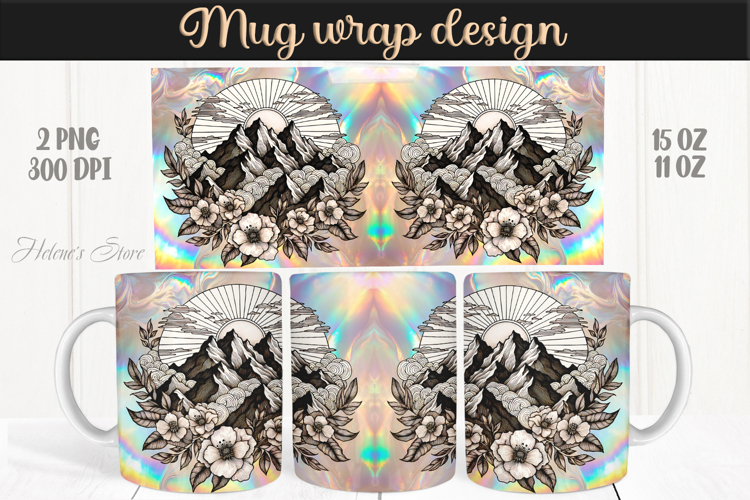 Fantasy mountains iridescent design mug wrap 15oz 11oz png