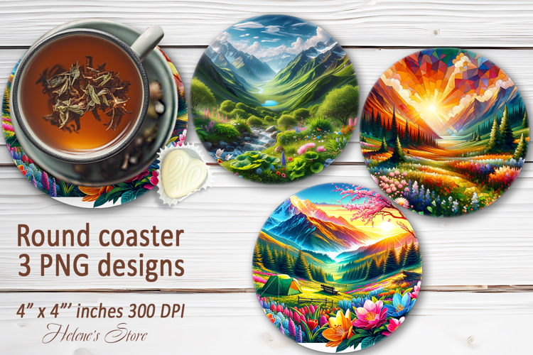 Mountains sublimation round coasters |Camping coaster design
