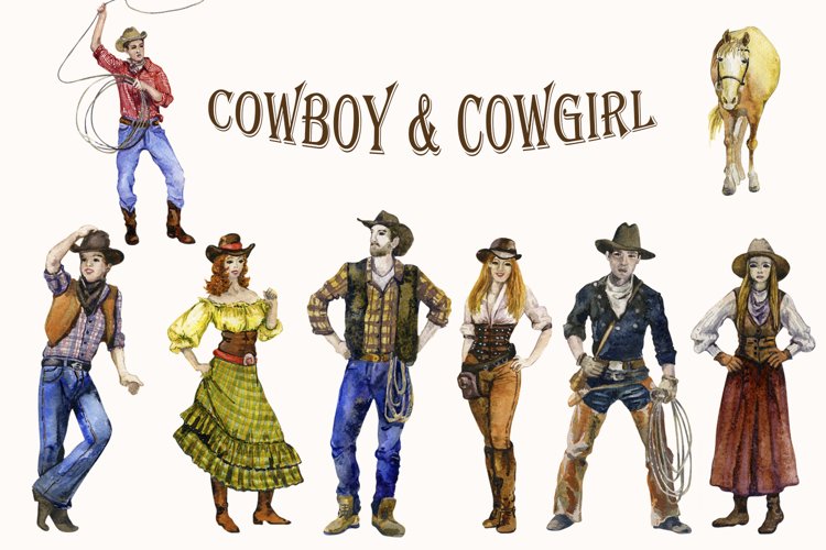 Watercolor Cowboy and Cowgirl Clipart png set Western Family example image 1