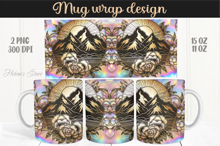 Fantasy mountains iridescent design mug wrap 15oz 11oz png
