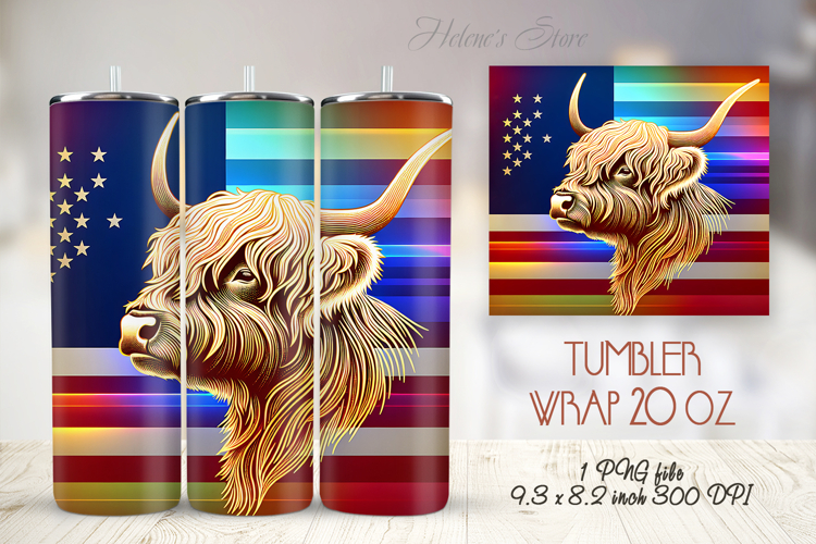 USA Fourth of July tumbler wrap 20oz |Patriotic Highland cow