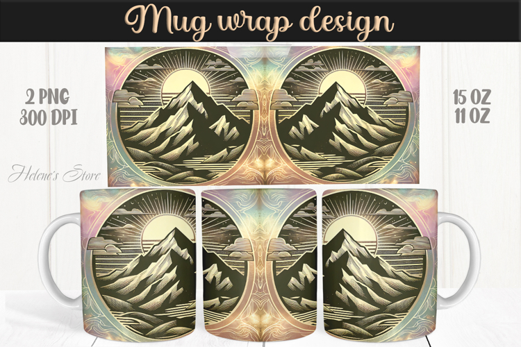 Fantasy mountains iridescent design mug wrap 15oz 11oz png