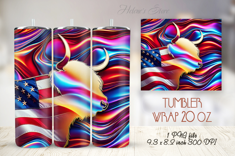 USA Fourth of July tumbler wrap 20oz |Patriotic Highland cow