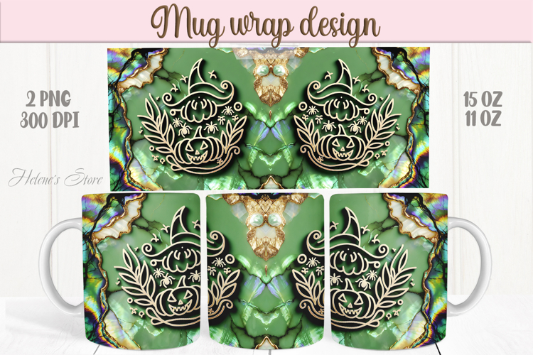 Green Halloween witch pattern iridescent mug wrap design png