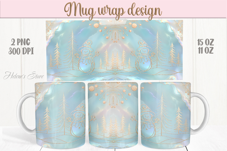 Pastel Magical Christmas mug wrap png |Blue & gold mug desig