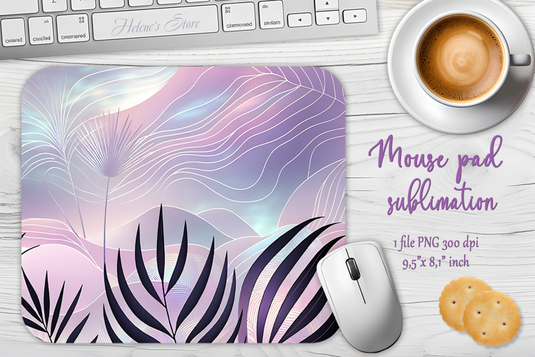 Iridescent leaves border lilac mouse pad sublimation design