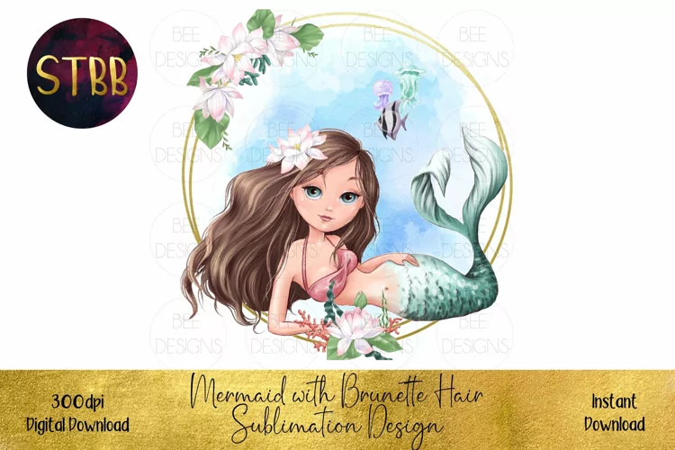 Beautiful Mermaid with Brunette Hair Sublimation Design