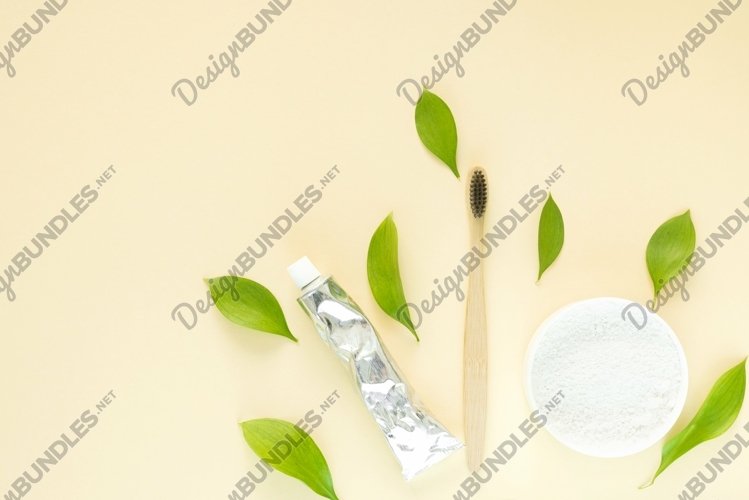 Wooden toothbrush, eco toothpaste, tooth powder and leaves