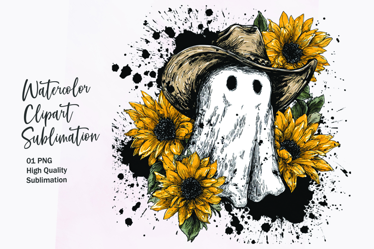 Cute ghost with sunflower watercolor clipart sublimation