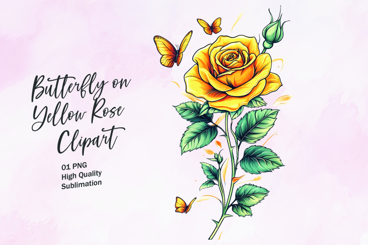 Yellow rose with butterfly watercolor clipart sublimation