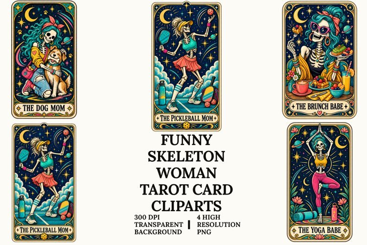 Funny Skeleton Women Tarot PNG Gothic Halloween Sublimation example image 1