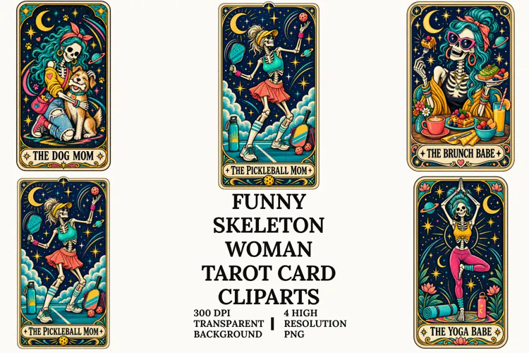 Funny Skeleton Women Tarot PNG Gothic Halloween Sublimation
