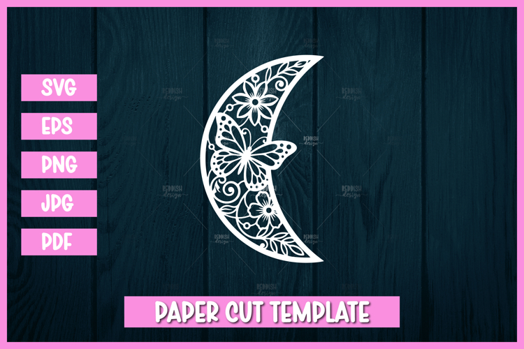 Butterfly Floral Crescent Moon Papercut Template SVG