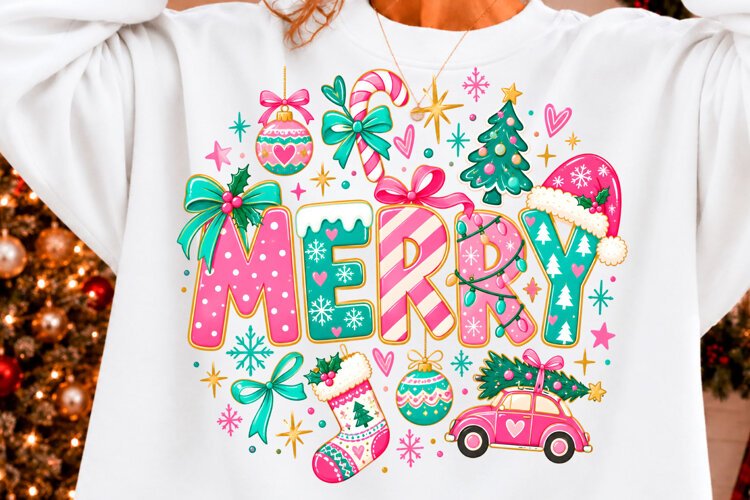 Pink Merry Christmas Sublimation PNG example image 1