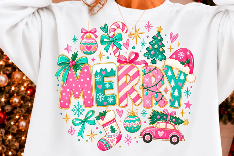 Pink Merry Christmas Sublimation PNG