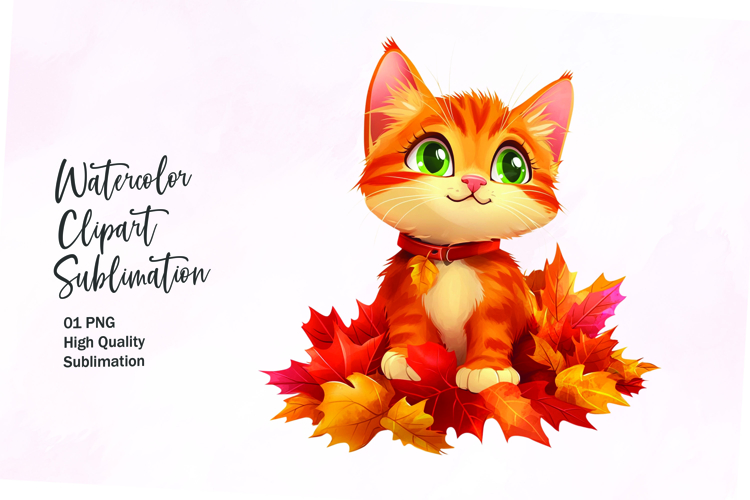 Cute cat with autumn leaves clipart png