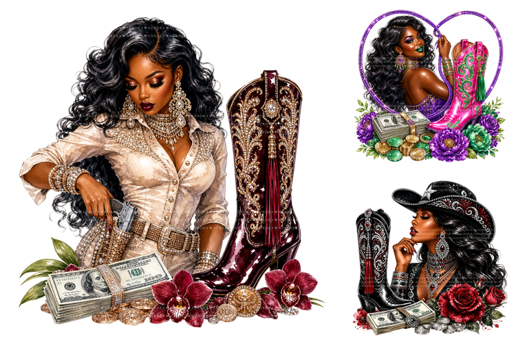 Glam Black Cowgirl PNG Bundle example image 1