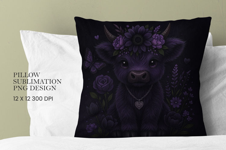 Highland Cow Flowers Pillow Sublimation PNG
