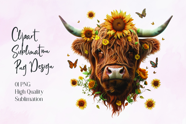 Highland Cow Sunflower Floral Sublimation PNG